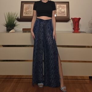 Michael Michael Kors Sheer Wide Leg Slit Pants. Blue & Black Snakeskin. Size XS